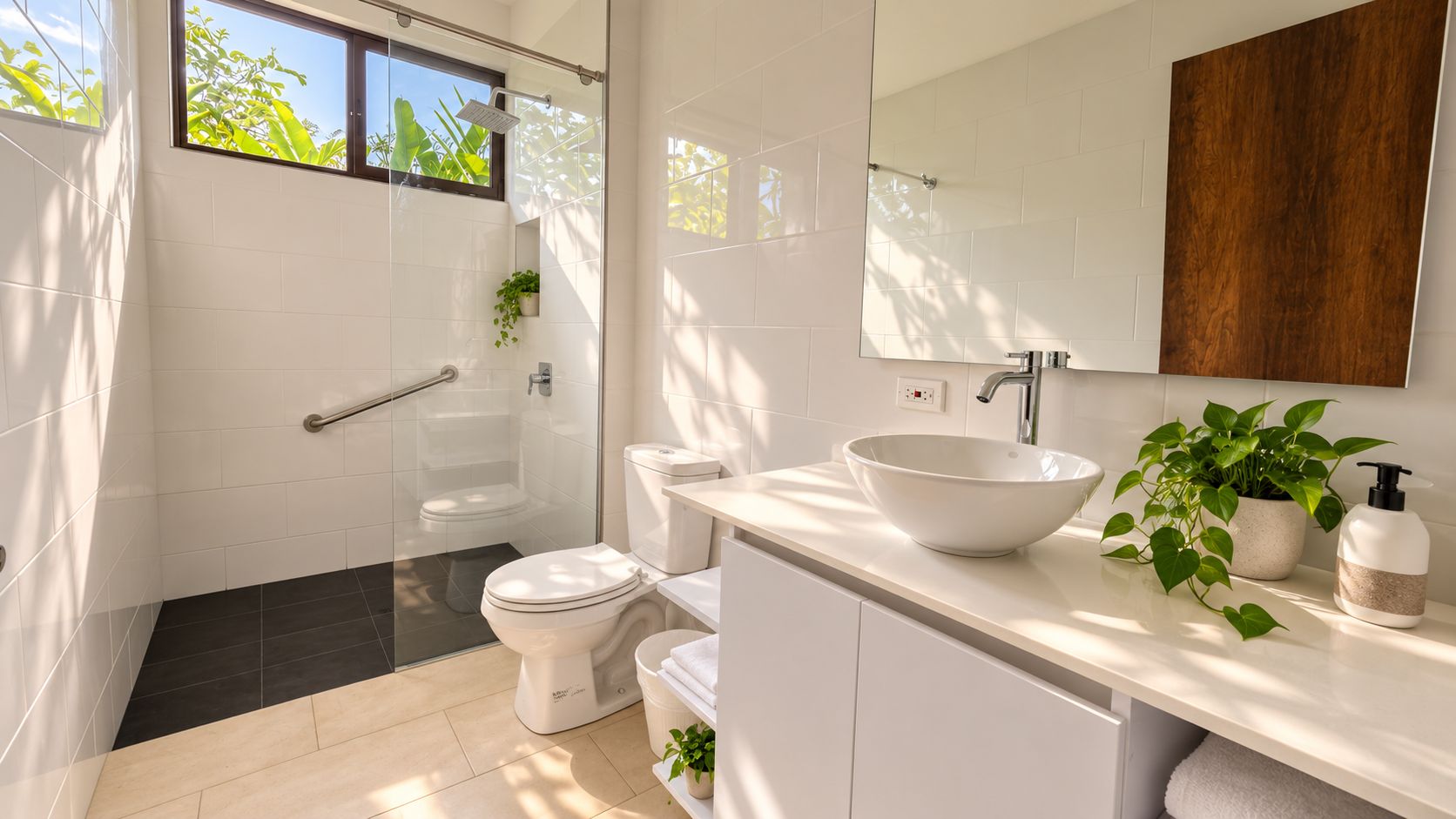 Une salle de bain moderne avec une douche à parois de verre, des toilettes blanches, un lavabo avec un grand bac et un miroir au-dessus du lavabo.