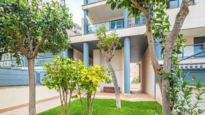 A courtyard with trees, a bench, and a building with balconies.