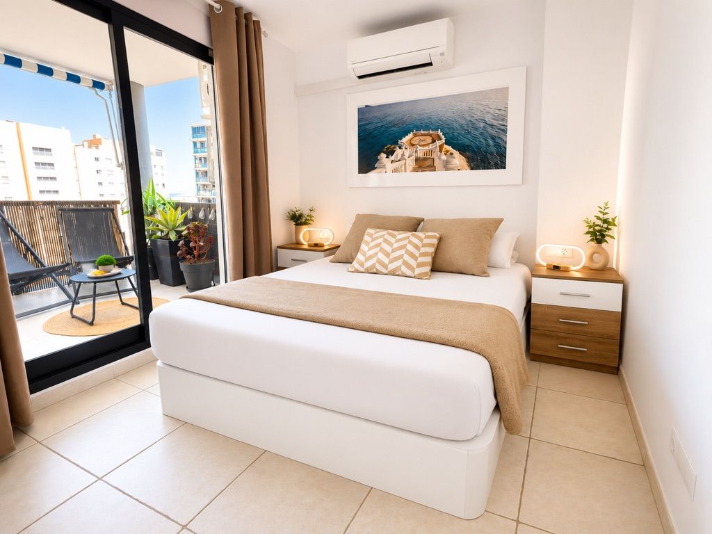 A modern hotel room with a large bed, a bedside table with a lamp, a wall-mounted air conditioner, and a window with a view of buildings.