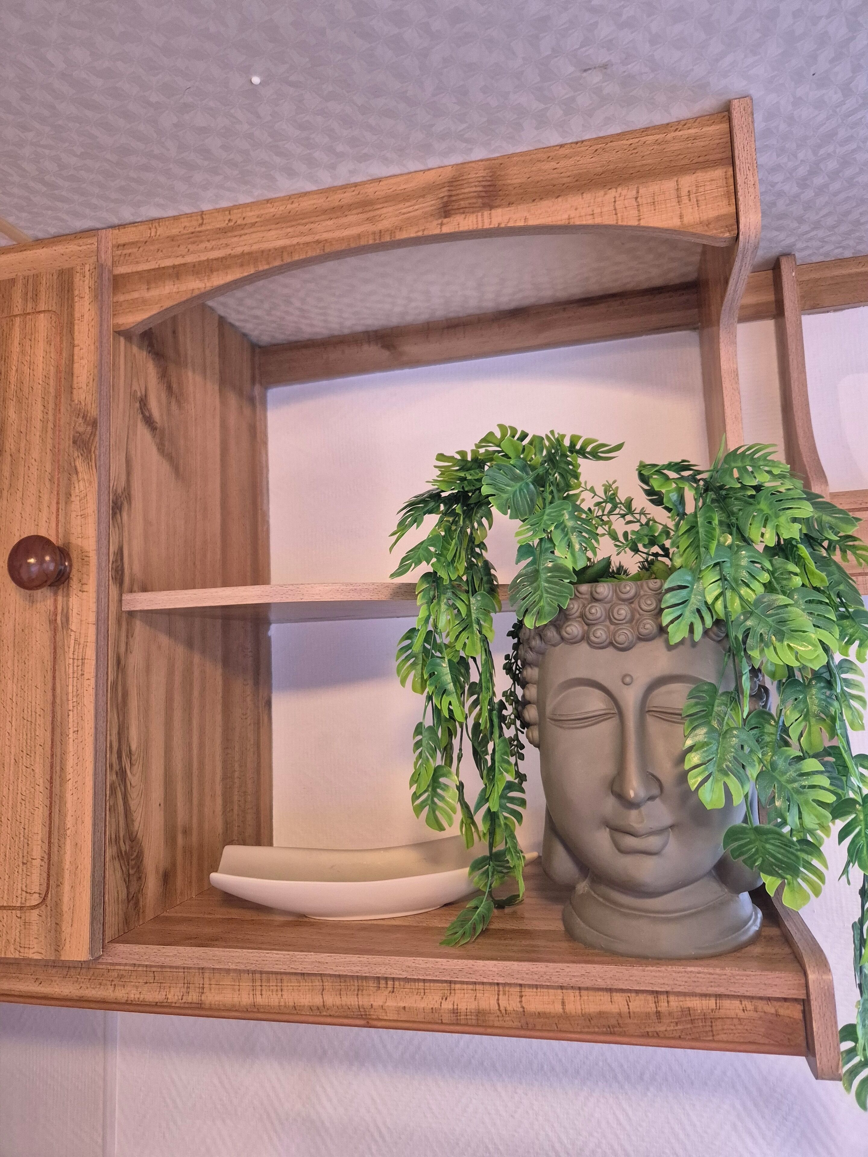 Une étagère en bois ornée d’une statue de Bouddha et d’une plante en pot.
