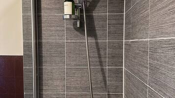 Hair dryer, towels, soap, shampoo
