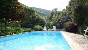 Une piscine rectangulaire à l’eau d’un bleu cristallin, entourée d’une végétation luxuriante et dotée d’une terrasse en pierre.