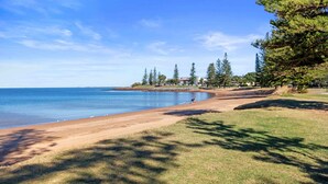A beach with a clear view of the ocean, a grassy area, and a row of trees.