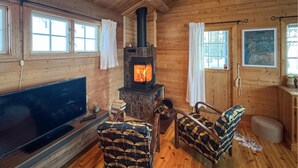 A cozy cabin interior with a fireplace, wooden walls, a TV, and patterned chairs. - 2 bedroom pet friendly home in Rendalen (Rendalen)