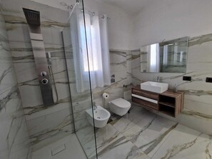 Regadera, secadora de cabello, bidet, toallas 