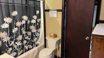 Une salle de bain équipée de toilettes, d’une baignoire et d’un rideau de douche orné d’un motif floral.