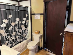 A bathroom with a toilet, a bathtub, and a shower curtain with a floral pattern.