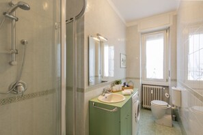 Shower, hair dryer, bidet, towels