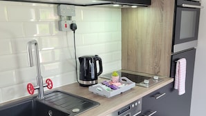 A modern kitchen with black cabinets, a stainless steel sink, a coffee maker, and a small plant on the countertop.