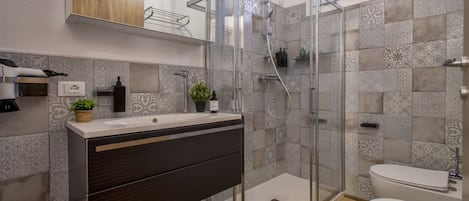 Shower, hair dryer, bidet, towels