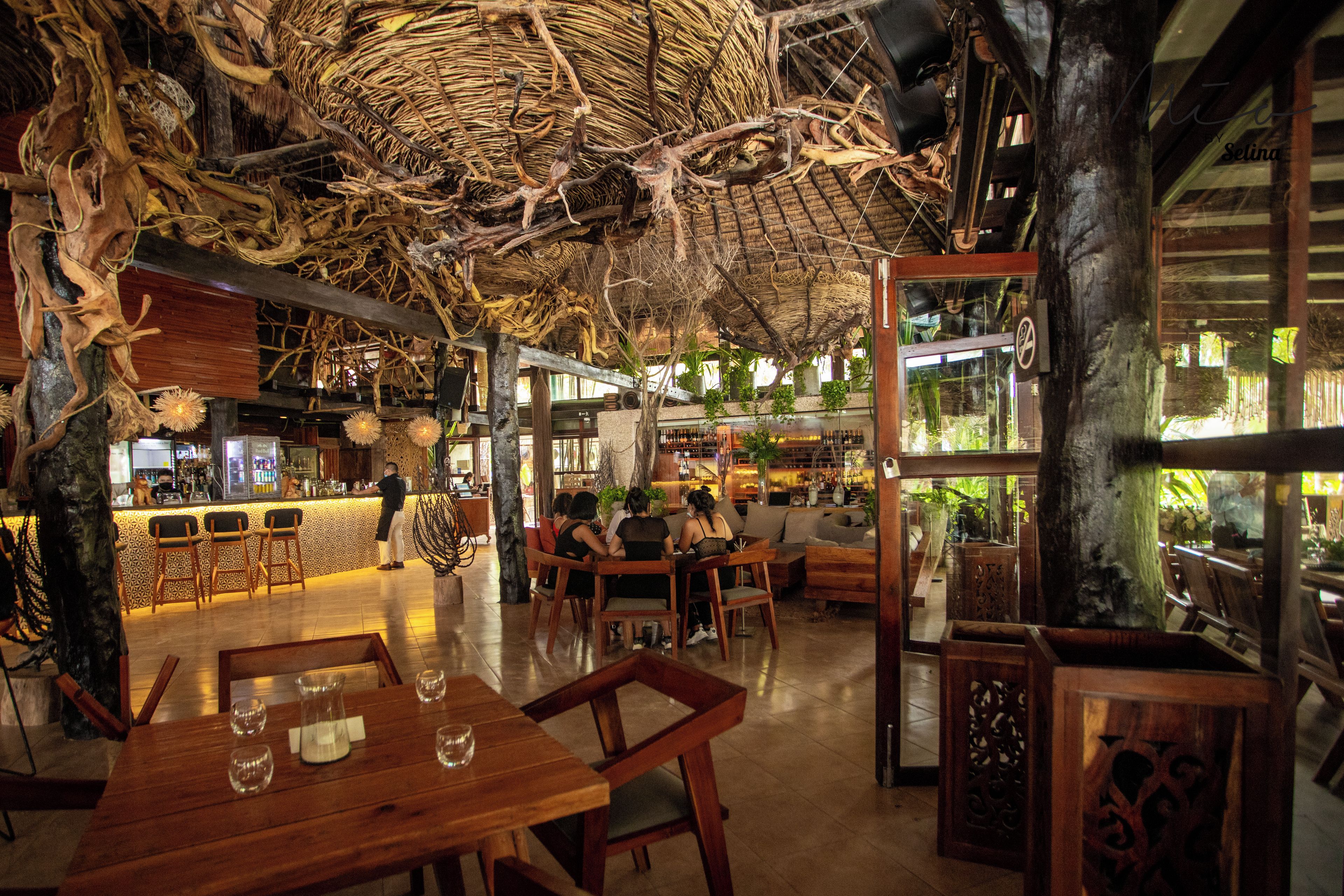 An interior with wooden furniture, a bar area, and a ceiling with natural elements.