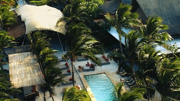Un complexe hôtelier doté d’une piscine, de palmiers et de bâtiments aux toits de chaume.