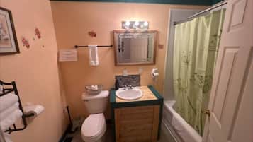 Une salle de bain équipée de toilettes, d’un lavabo et d’un rideau de douche.