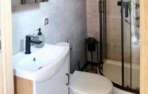 Een badkamer met een witte wastafel, een zwarte kraan en een toilet. Er staat een kleine plant in een pot op een zwart voetstuk.