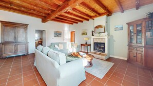 A living room with a sofa, a fireplace, and wooden cabinets. - Pet friendly home in NERE (NERE)
