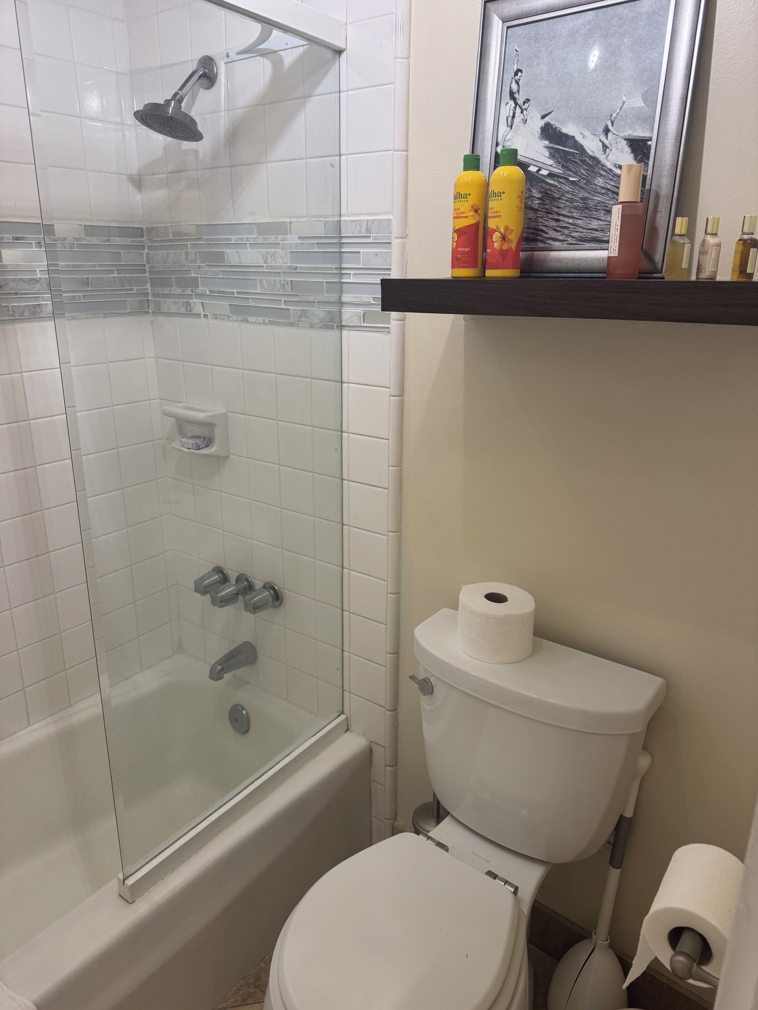 Shower, hair dryer, towels, soap