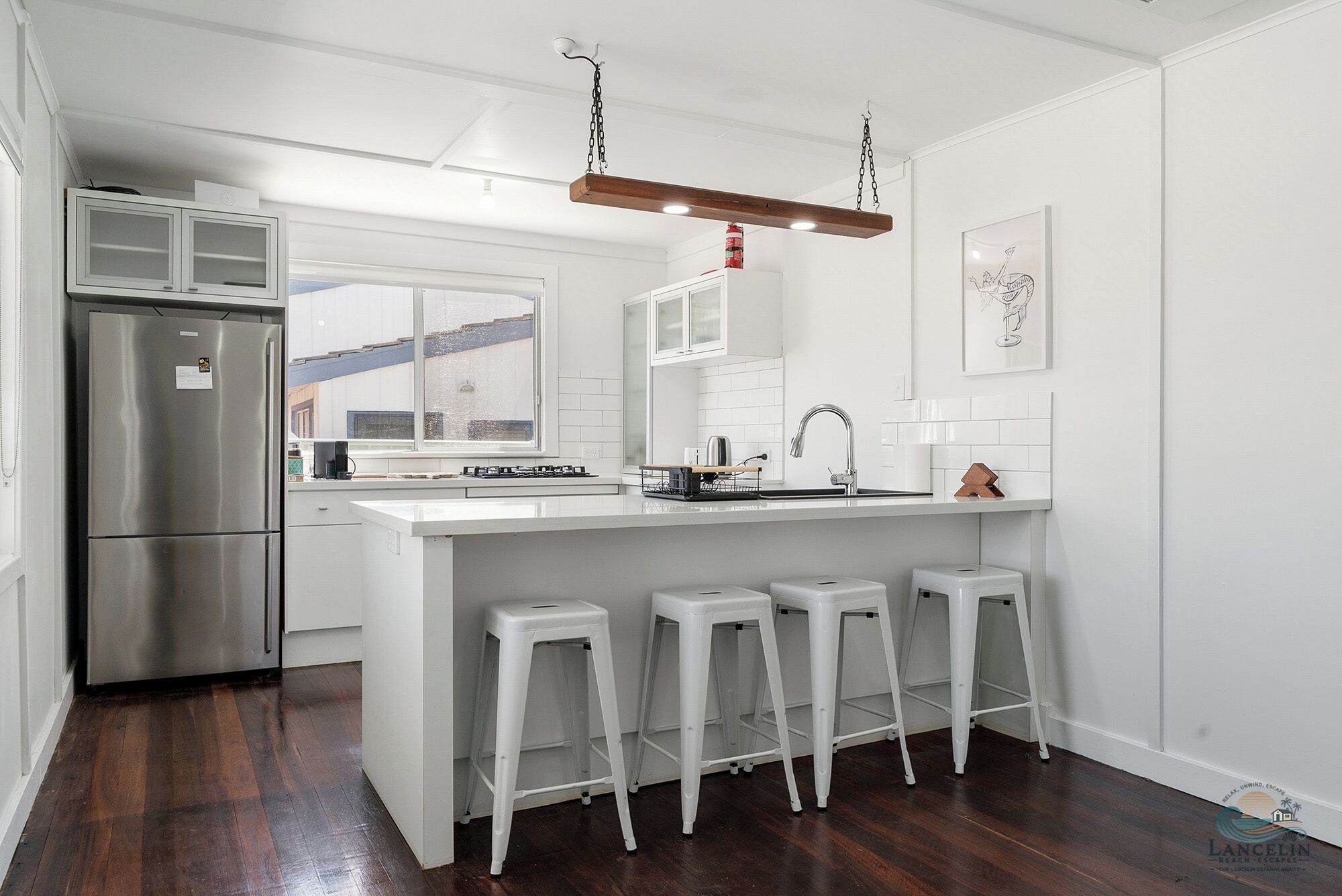 Fridge, dishwasher, coffee/tea maker, cookware/dishes/utensils