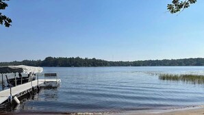 A dock extending into calm water with a grassy area in the foreground and a forested shoreline in the background.