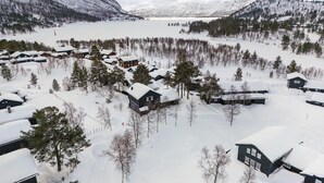 En snötäckt by med stugor och en sjö i bakgrunden.
