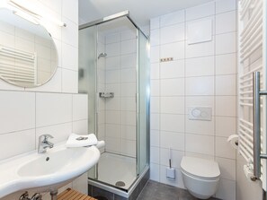 Douche, séchoir à cheveux, serviettes fournies, papier de toilette
