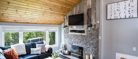 Smart TV, fireplace, foosball