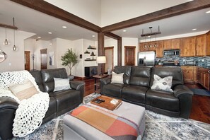 Smart TV, fireplace, books