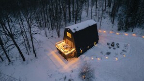 A snow-covered cabin with a lit interior, surrounded by a forest.