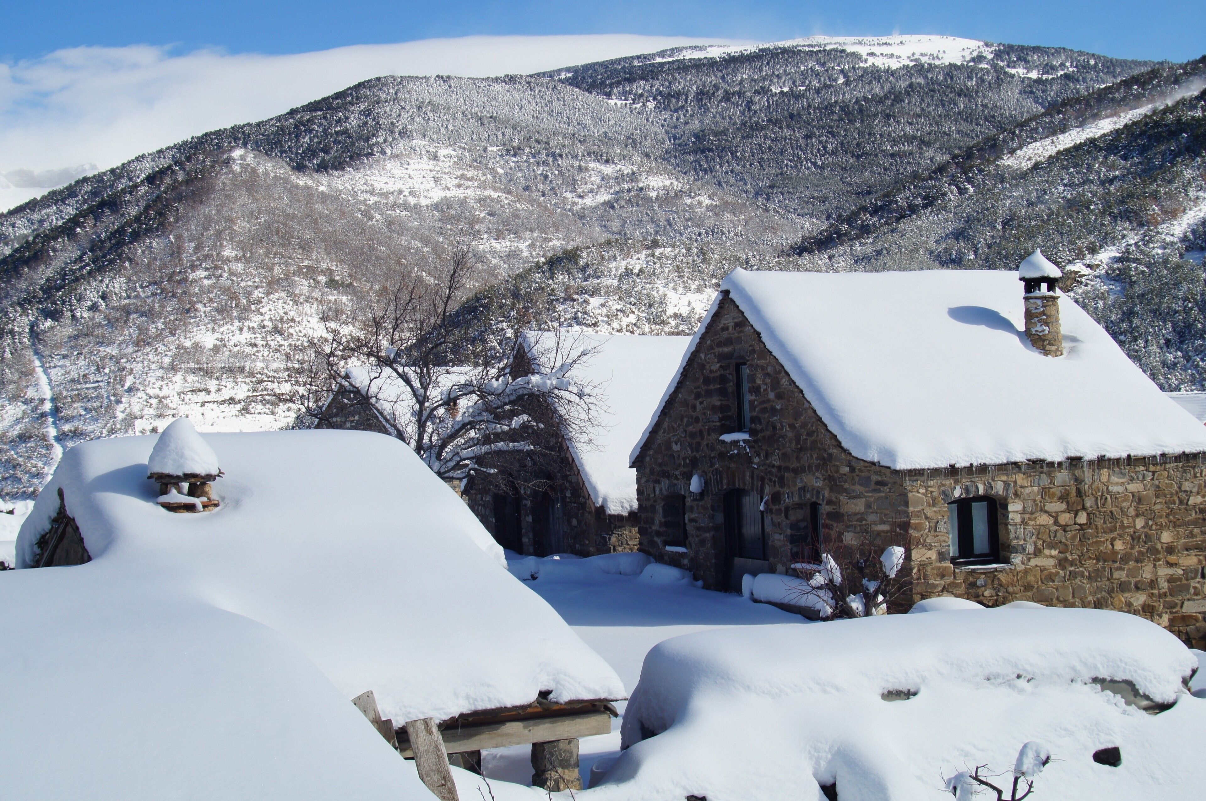 Um edifício de pedra com telhado coberto de neve, rodeado por terreno e árvores também cobertos de neve, com uma montanha ao fundo.