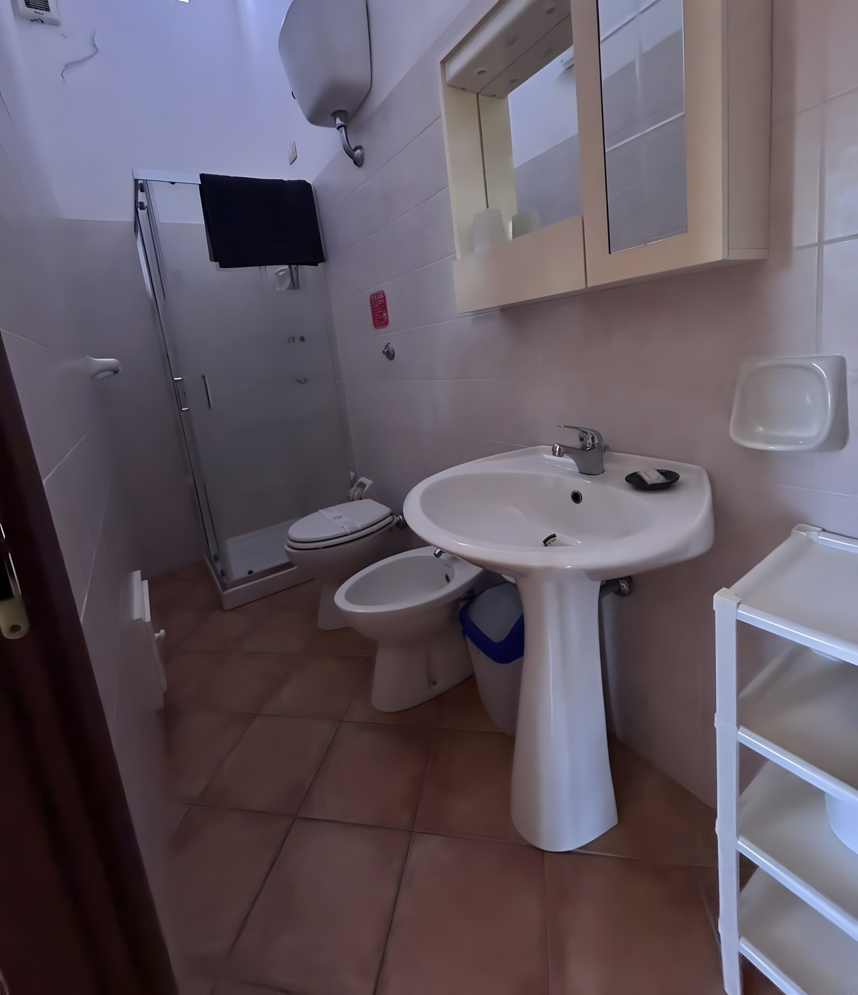 Kylpyhuone, jossa on wc, bidee, pesuallas ja peili pesualtaan yläpuolella.