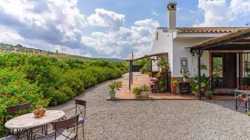 A patio with a table and chairs, a garden path, and a house with a tiled roof and potted plants.