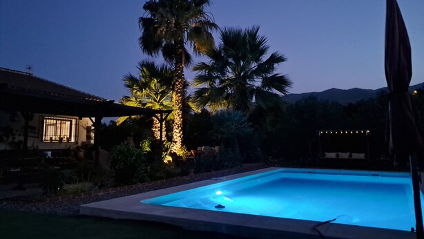 A swimming pool with a night-time illuminated edge, surrounded by palm trees and a house with a visible window. - Country House 'Villa Pinale Álora' with Mountain View, Wi-Fi and Air Conditioning (Álora)