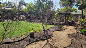 Un quartier résidentiel avec un jardin, un petit abri de jardin et une maison dotée d’un toit en pente.