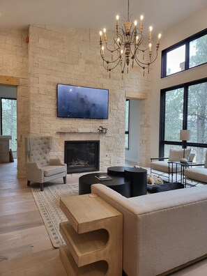 Smart TV, fireplace, video games, DVD player