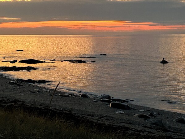 A beach with calm water, rocks, and a buoy.