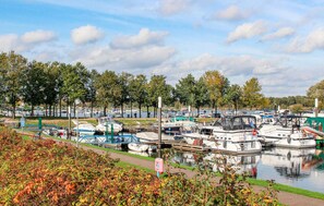 Boats docked along the marina's edge, surrounded by trees and a clear sky.