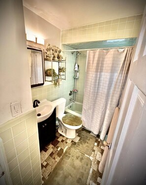 Shower, towels, soap, toilet paper