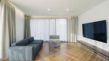 A modern living room with a sofa, armchair, and coffee table, large windows with curtains, and a flat-screen TV mounted on the wall.