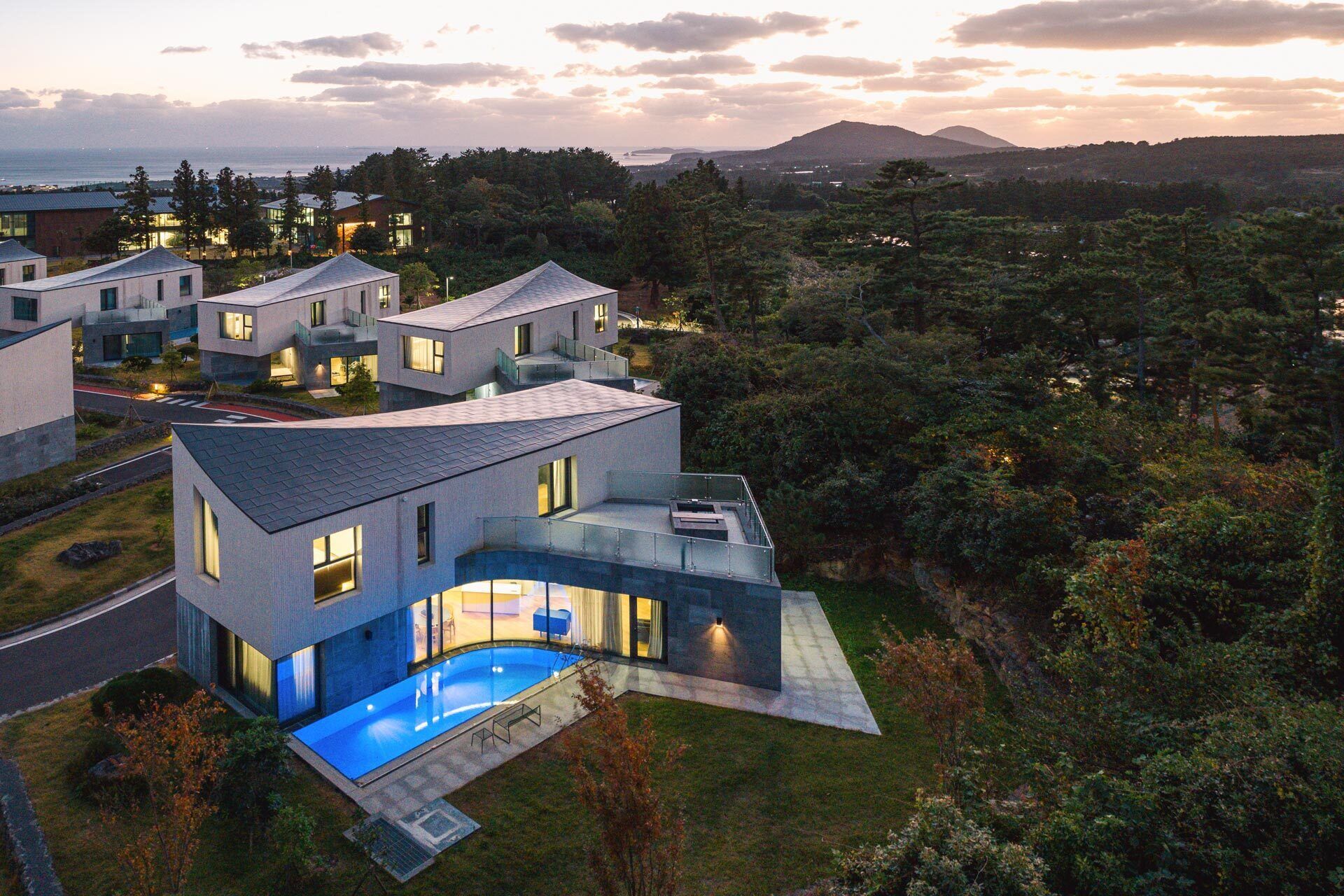 A modern house with a swimming pool, surrounded by trees and a view of the sea.