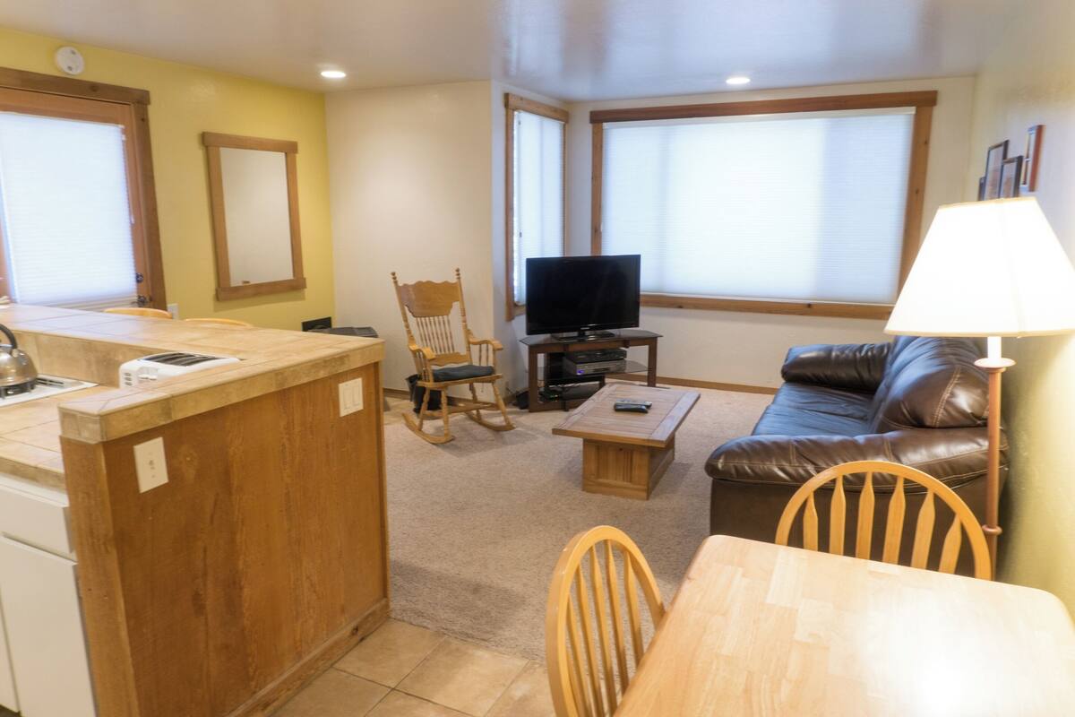 A compact living space with a kitchen area, a dining table, a sofa, and a television.