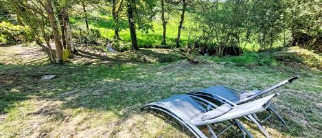 A hammock in a grassy area surrounded by trees.