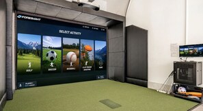 A virtual reality gaming setup with a selection screen for activities like golf, soccer, baseball, and clay pigeon shooting. - Pecan Valley 5205/5193|2 Private Pools&Spas, Private Pickleball Court, Game Room (Hurricane)