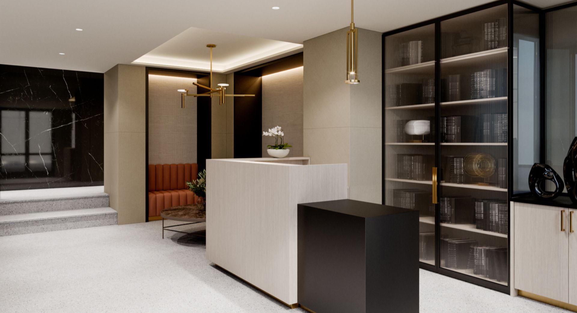 A modern reception area with a reception desk, seating, and a bookshelf.