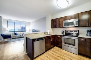 Fridge, microwave, oven, stovetop