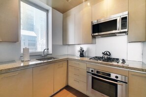 Fridge, microwave, oven, stovetop