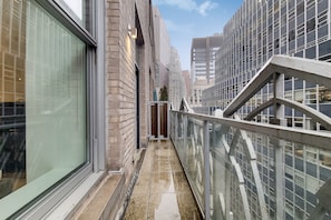 A narrow corridor with a glass railing, brick walls, and a view of tall buildings. - Spacious Studio In Downtown NYC (New York)