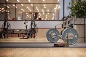 A gym with weightlifting equipment, a bench, and a fan. - Stylish One Bedroom in White Plains - Near transit (White Plains)
