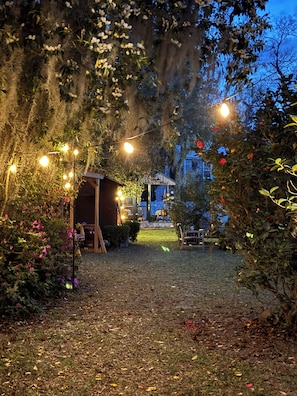 Un jardín al aire libre con luces colgantes, una estructura de madera y diversas plantas.