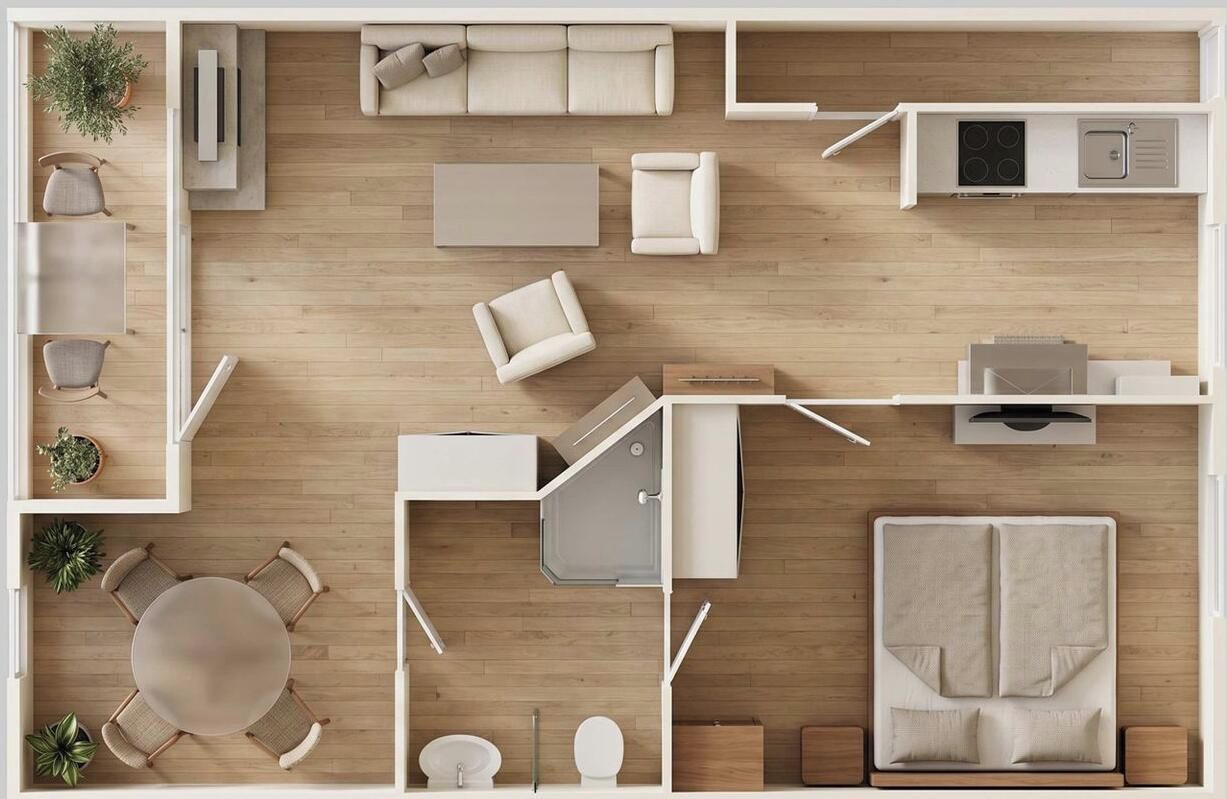 A modern interior with a sofa, dining table, kitchen area, and a bed.