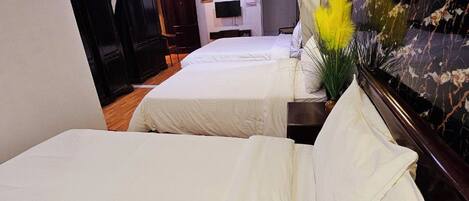 A hotel room with two beds, a TV, a fan, and a marble wall.