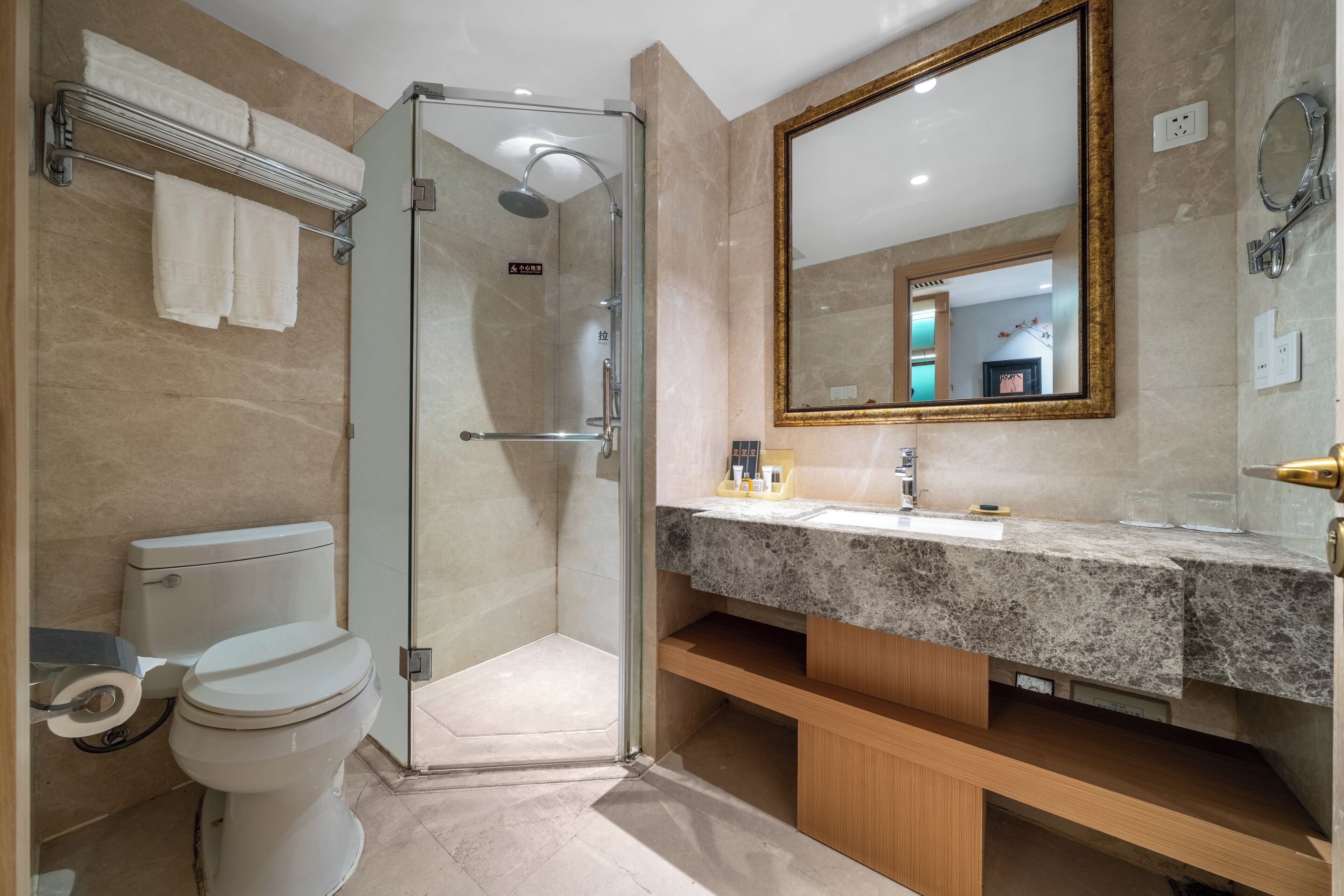 Une salle de bain moderne dotée d’une douche à parois de verre, de toilettes, d’un lavabo avec un plan de travail en granit et d’un grand miroir.